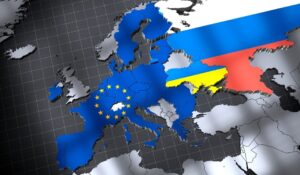 Russia,,Ukraine,And,European,Union,Map,Flags,-,3d,Illustration