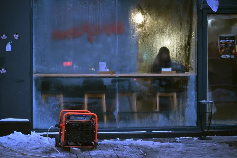 Un generator de energie electrică în fața unui restaurant, în timpul unei pene de curent în centrul orașului Kiev